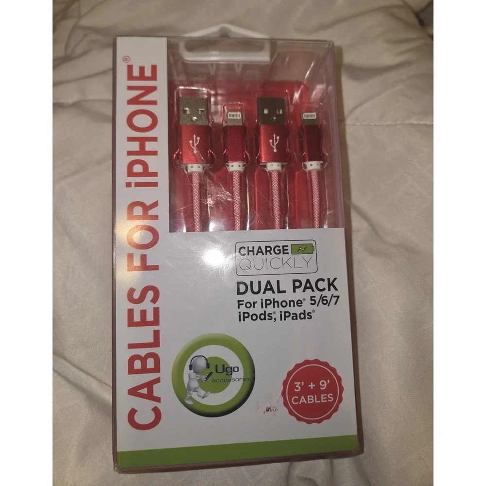 Ugo iPhone Charging Cable Dual Pack 3ft 9ft USB-A Red Braided NEW